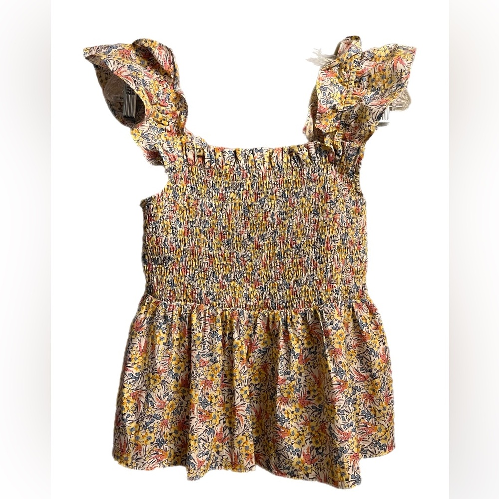 Umgee smocked floral print tank with ruffles and bow tie back size medium boho